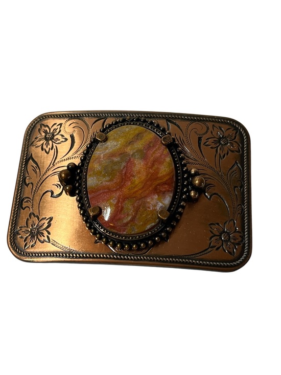 Western Accessories - Vintage Copper-Tone Floral Belt Buckle with Marbled Stone